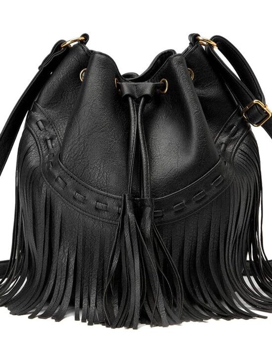 Handbags - Leather Bucket Bags for Women Crossbody Fringe Purses with Drawstring Ladies Tas